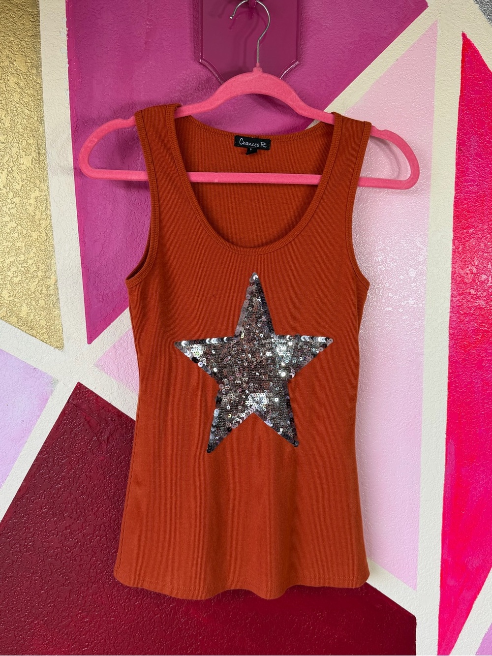 Chances R Rust Ribbed Tank Sequin Star Applique Sz M